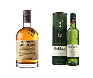 Monkey Shoulder Whisky de malta premium,70 lenfiddich Whisky - Whisky escocés de malta,12 años, botella 700ml