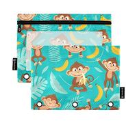 Monkey Tropical Banana Blue - Estuche para lápices para carpeta de 3 anillas, paquete de 2 bolsas de archivo, estuche impermeable con ventana transparente con cremallera para la escuela y la oficina,