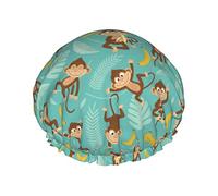 Monkey Tropical Banana Palm Trees Gorro de ducha Mujeres Reutilizables Gorros de pelo largo con banda elástica Doble capa Gorro de ducha de baño para adultos Niños