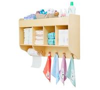 Monläurd® Organizador de pañales 100% abedul montado en la pared con ganchos y barra de toalla, estante de almacenamiento de madera para artículos esenciales del bebé, toallitas y toallas