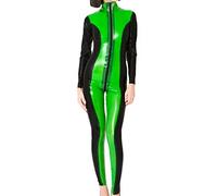 Mono ajustado con cremallera frontal de látex con aspecto hecho a mano, negro y verde, XL