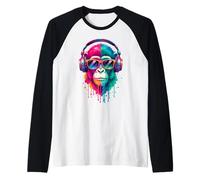 Mono con Auriculares y Gafas de Sol EDM Rave Chimp Art Camiseta Manga Raglan