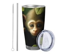 Mono con tapa y vaso de pajita, diseño de animales lindos, hojas, planta botánica, divertida, naturaleza salvaje, verde, aislante, metal, no se derrama, escuela, universidad, guardería, sin tallo