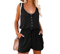 Mono Corto de Verano para Mujer, Mono Corto Informal sin Mangas para Mujer Mono Corto para Mujer con Bolsillos Botón hacia Abajo Color Sólido Lavar a Máquina(S-Negro)