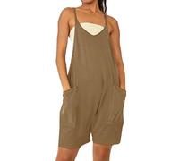 Mono corto de verano para mujer, mono holgado con bolsillos grandes, transpirables, para tiempo libre, pantalones de peto de pierna ancha, monocolor, corte holgado, pantalones con tirantes, marrón