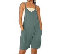Mono corto de verano para mujer, mono holgado con bolsillos grandes, transpirables, para tiempo libre, pantalones de peto de pierna ancha, monocolor, corte holgado, pantalones con tirantes, verde, M