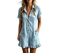 Mono Corto Estilo Camisa para Mujer Manga Corta con Cuello, Abotonado Parcial Bolsillo Parche en Pecho, Bajo Volante y Bolsillos Laterales, Ligero Suelto Una Pieza(Sky Blue, M)