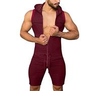 Mono corto para hombre, overol corto con capucha y cremallera, con cordón, cintura elástica, color sólido, sudadera de una pieza, transpirable, ligero, rosso, L