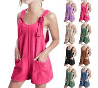 Mono corto para niñas, sin mangas, con tirantes ajustables, ajuste holgado, de lino, pantalones cortos, para verano, casual, playa, lindos trajes de viaje, ropa con bolsillos, color rosa intenso