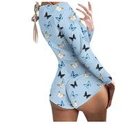 Mono corto y sexy para mujer, elegante, de una pieza, cuello en V, con botones, bodycon bodycon con flores, pijama de manga larga, ropa de dormir, mono, body, pantalones cortos, talla única, azul, XL