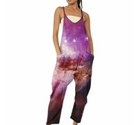 Mono de algodón para mujer con estampado floral suelto casual mono de mujer espaguetis sin mangas y bolsillos bodysuit pantalones de pierna ancha mono chic, morado, M