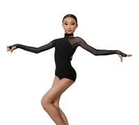 Mono de Baile Latino Negro for niñas, Top de Malla de Manga Larga, Ropa de salón, Ropa de actuación, Body Cha(130cm)