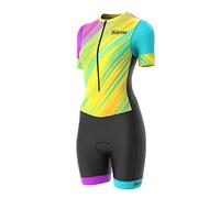 Mono de ciclismo para mujer Sikma, de una pieza con acolchado, para triatlón, camiseta de manga corta con diseño sublimado y pantalones cortos, negro/amarillo, XL