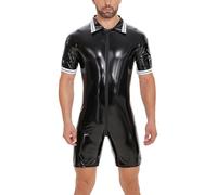 Mono de Cuero Brillante de PVC para Hombre, Talla Grande, Mono Abierto con Cremallera, Pantalones de Cuero-Negro-XXL