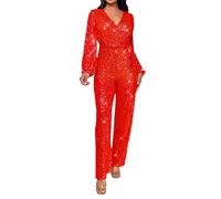 Mono de fiesta para mujer, elegante con lentejuelas, de una pieza, largo, cuello en V, vestido envolvente con cinturón, monos, pantalones, manga larga, traje de cuerpo entero, temperamento, carnaval