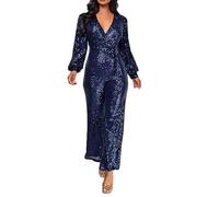 Mono de fiesta para mujer, elegante con lentejuelas, de una pieza, largo, cuello en V, vestido envolvente con cinturón, monos, pantalones, manga larga, traje de cuerpo entero, temperamento, carnaval
