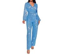 Mono de fiesta para mujer, elegante con lentejuelas, de una pieza, largo, cuello en V, vestido envolvente con cinturón, monos, pantalones, manga larga, traje de cuerpo entero, temperamento, carnaval