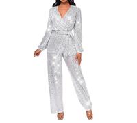 Mono de fiesta para mujer, elegante con lentejuelas, de una pieza, largo, cuello en V, vestido envolvente con cinturón, monos, pantalones, manga larga, traje de cuerpo entero, temperamento, carnaval