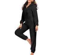 Mono de forro polar cálido para mujer, mono de felpa de manga larga, monocolor, elegante, de una pieza, mullido, largo, con capucha y cremallera, traje de casa, Negro , L