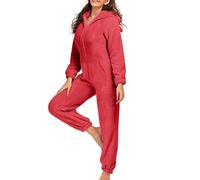 Mono de forro polar cálido para mujer, mono de felpa de manga larga, monocolor, elegante, de una pieza, mullido, largo, con capucha y cremallera, traje de casa, rojo, XL