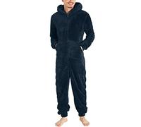 Mono de forro polar para hombre, de invierno, cálido, mullido, de forro polar, una pieza, suave, de cuerpo entero, largo, monocolor, con capucha, chándal de felpa, marine, XXL