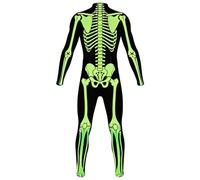 Mono de Halloween con estampado de esqueleto para niños, cremallera frontal, ideal para cosplay y fiestas temáticas, incluye guantes y máscara a juego.