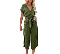 Mono de lino con solapa para mujer, de verano, largo, de gran tamaño, monocolor, con bolsillos, manga larga, pierna ancha, puente, X01-Army Green, M
