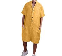 Mono de lino para hombre, corto, de verano, de una pieza, de manga corta, camisa de verano, pantalones de trabajo, camisas hawaianas, chándal con botones, pantalones cortos cargo, amarillo, L