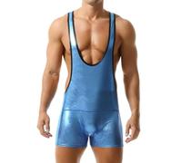 Mono de lucha libre para hombre con brillo aceitoso de alto rendimiento Powerlifting Singlet transparente body de una pieza para gimnasia, sin mangas, apoyo atlético, uniforme de lucha libre, R azul