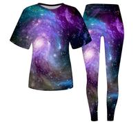 Mono de manga corta con estampado de cielo estrellado 2026 con pantalones a juego conjunto casual para mujeres conscientes de la moda, Negro , M