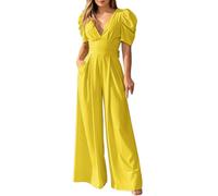 Mono de manga corta para mujer, color liso, pierna ancha, cómodo traje de una pieza, para días de verano, viajes a la playa y vacaciones, con práctico atractivo diario, amarillo, L