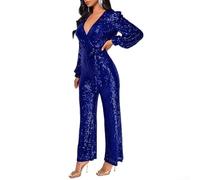 Mono de manga larga con cuello en V y lentejuelas para mujer, para otoño, invierno, fiesta, overol adecuado para varias ocasiones (azul rey XL)