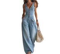 Mono de Mezclilla para Mujer Sexy sin Mangas con Cuello en V Camisola Cintura ahumada Pierna Ancha Jean Mono Largo Mameluco,Light Blue,M