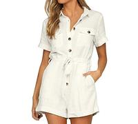 Mono de mujer casual con botones y puños de manga corta para mujer, estilo bohemio, ropa para mujer (blanco XXL)