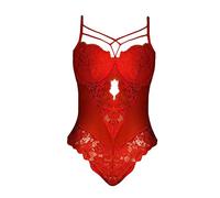Mono de mujer con ribete de encaje y cómoda taza lencería transparente ahuecada entrepierna abierta divertida divertida seductora malla lencería, rojo, XXL