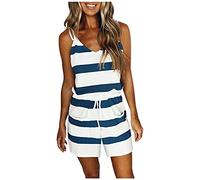 Mono de mujer corto a rayas mono de verano corto cuello de pico sexy de una pieza con cordón mono de verano elegante y festivo, mono de playa, AAA-Navy, XL