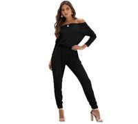 Mono de mujer de manga larga con hombros descubiertos de tela suave caída, cintura elástica, corte de tobillo ajustado, diseño liso para uso diario, cita y estilo casual, 01-negro, M