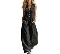 Mono de mujer de pierna ancha, mono de lino, sin mangas, de una pieza, cuello en V, muselina, mono holgado, mono bohemio, traje de lino liso, ligero y aireado, Negro , S