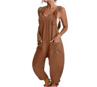 Mono de mujer de verano casual Baggy Jumpsuits ligero elegante de color liso pantalones con tirantes de casa con bolsillo largo Curvy Salopettes largo algodón y lino mono Jumpsuit entero de playa