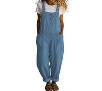 Mono de mujer de verano de lino casual largo Playsuit largo Curvy ajuste amplio Pantalones de trabajo con bolsillos Baggy cómodos mono Jumpsuit entero elegante algodón y lino bermudas de casa, Cielo