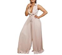 Mono de mujer sexy sin mangas de cintura alta con cuello en V profundo de color sólido con solapa, mono elegante y elegante, pierna ancha plisada, ocio, cómodo para fiesta de fiesta