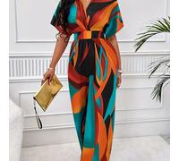 Mono de Murciélago para Mujer - Escote en V, Estampado Abstracto a Bloques de Color, Pierna Ancha No Elástica Lavable a Máquina, Ropa Casual Todo- para Vacaciones y Resort, Moda , Tejido