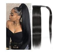 Moño de Pelo Cola de caballo larga y recta Cabello real envuelto Extensiones de cabello de cola de caballo Barrettes for mujeres negras Negro natural 8-24 pulgadas Pieza de Pelo de Moño Desordenado (