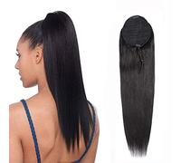 Moño de Pelo Extensiones de cabello de cola de caballo de cabello liso de 8-24 pulgadas con cordón Rebanadas de cabello real brasileño Bollo for mujeres negras Pieza de Pelo de Moño Desordenado (Colo