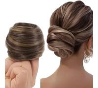 Moño de pelo falso ajustable y desordenado con bandas elásticas de aspecto natural y reutilizable color marrón claro para uso diario para entornos profesionales.