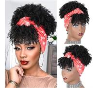 Moño de pelo falso, postizo, cola de caballo, moño rizado sintético con flequillo, extensión de cola de caballo con cordón corto for mujeres, moño de pelo sintético afro alto, postizos, coletas, 1 pie