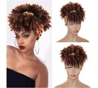 Moño de pelo falso, postizo, cola de caballo, moño rizado sintético con flequillo, extensión de cola de caballo con cordón corto for mujeres, moño de pelo sintético afro alto, postizos, coletas, 1 pie