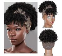 Moño de pelo falso, postizo, cola de caballo, moño rizado sintético con flequillo, extensión de cola de caballo con cordón corto for mujeres, moño de pelo sintético afro alto, postizos, coletas, 1 pie