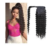 Moño de Pelo Peluca de cola de caballo ondulada profunda, moño de 8-24 pulgadas, extensiones de cola de caballo envolvente, pelo Real brasileño negro for mujeres negras Pieza de Pelo de Moño Desordena