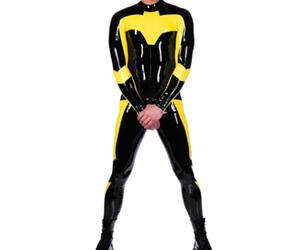 Mono de retales negro y amarillo de goma de látex 100%, fiesta de juegos de rol, M